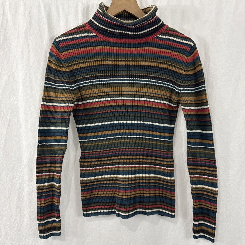 Polo Ralph Lauren Jeans Vintage Y2K Striped Turtleneck Top Womens Sz L Cotton
